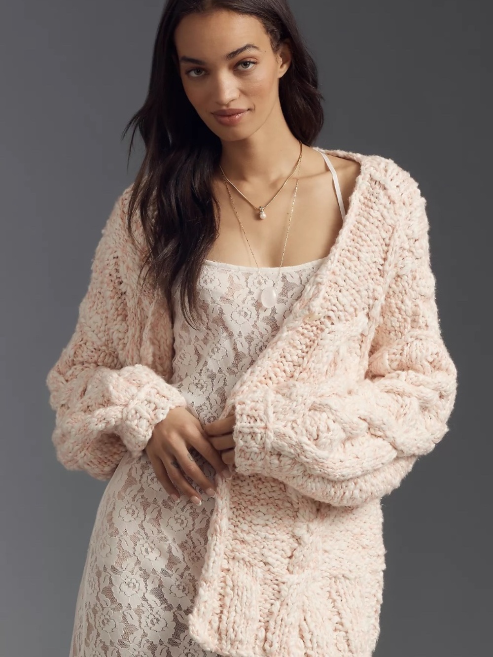 NWT Anthropologie Chunky Cable Knit Oversized Cardigan Pale Pink Sweater